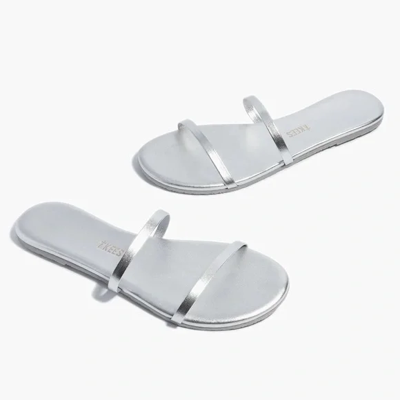 TKEES Gemma Metallic Silver Two Strap Flat Slide Sandal - Picture 4 of 14